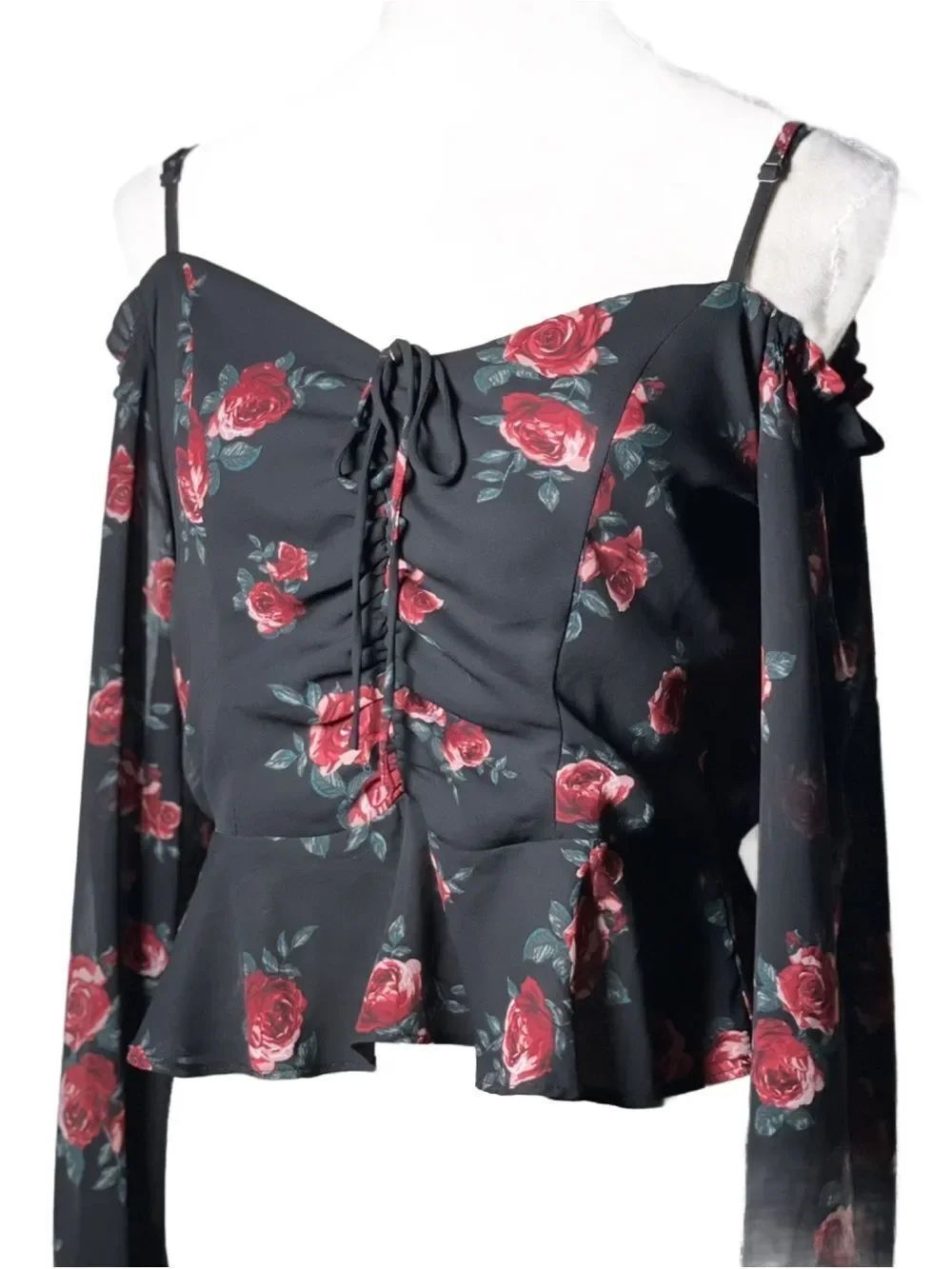 H&M Divided Black Chiffon Floral Rose Print Off-Shoulder Long Sleeve Blouse (10)